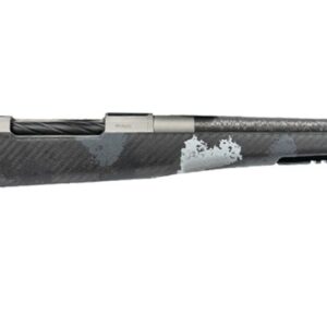 Bolt-action rifle with a gray-black camouflage carbon-fiber stock and a long barrel with a muzzle brake edge.