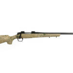 Camouflage-pattern bolt-action hunting rifle with a long barrel shown in profile on a white background