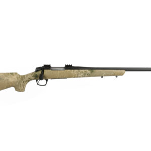 Camouflage-pattern bolt-action hunting rifle with a long barrel shown in profile on a white background