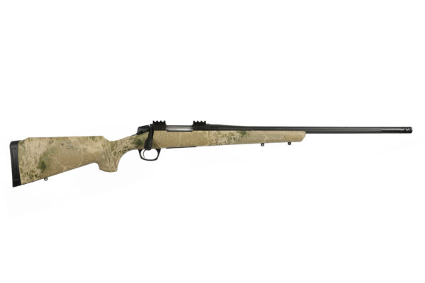 Camouflage-pattern bolt-action hunting rifle with a long barrel shown in profile on a white background