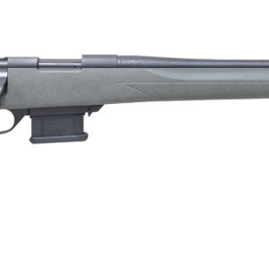 Bolt-action rifle with a gray synthetic stock and a detachable box magazine, featuring a long barrel.