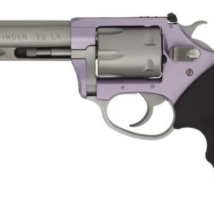 Side view of a purple revolver with a silver cylinder and black textured grip, stamped 'TARGET PATHFINDER .22 LR'