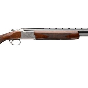 Double-barrel shotgun with a polished wooden stock and engraved receiver, pointing to the right on a white background.