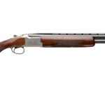 Side view of a double-barrel shotgun with a polished metal receiver and checkered wooden stock