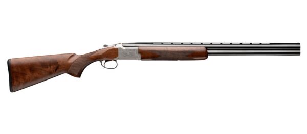 Side view of a double-barrel shotgun with a polished metal receiver and checkered wooden stock