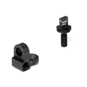 Two black metal mounting parts on a white background: a clamp with a circular hole and a threaded sleeve, plus a separate tall screw with a square head labeled Trijicon.
