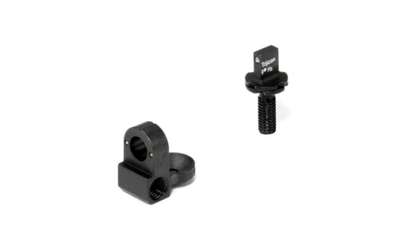 Two black metal mounting parts on a white background: a clamp with a circular hole and a threaded sleeve, plus a separate tall screw with a square head labeled Trijicon.