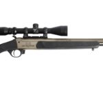 Bolt-action hunting rifle with a mounted scope and black synthetic stock, shown in profile.