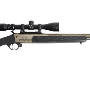 Bolt-action hunting rifle with a mounted scope and black synthetic stock, shown in profile.