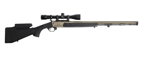 Bolt-action hunting rifle with a mounted scope and black synthetic stock, shown in profile.