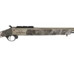 Camouflage bolt-action hunting rifle with beige-gray pattern and black buttpad, shown in profile.