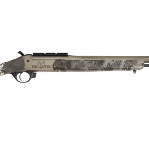 Camouflage bolt-action hunting rifle with beige-gray pattern and black buttpad, shown in profile.