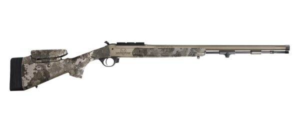 Camouflage bolt-action hunting rifle with beige-gray pattern and black buttpad, shown in profile.