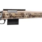 Camouflage-pattern bolt-action hunting rifle with a long barrel and detachable mag in a white background
