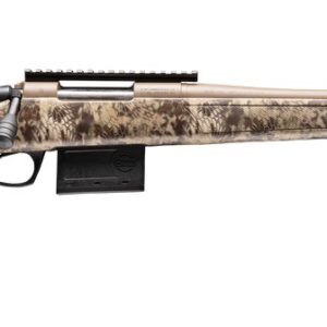 Camouflage-pattern bolt-action hunting rifle with a long barrel and detachable mag in a white background