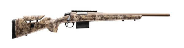 Camouflage-pattern bolt-action hunting rifle with a long barrel and detachable mag in a white background