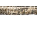 Camouflage-pattern hunting shotgun shown in profile with a long barrel and textured stock for field use.