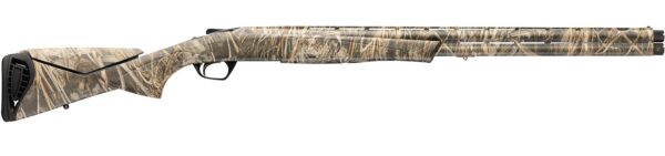 Camouflage-pattern hunting shotgun shown in profile with a long barrel and textured stock for field use.