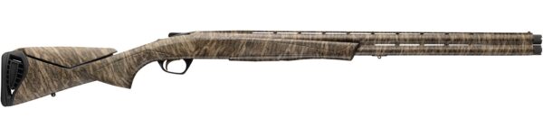 Camouflage-pattern hunting shotgun with long barrel and adjustable stock, designed for field use
