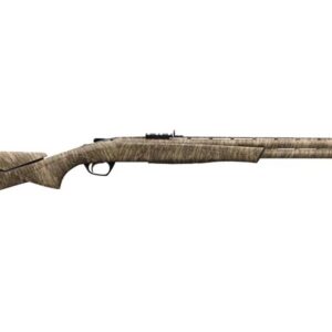 Camouflage-pattern hunting shotgun with a long barrel and pistol grip stock set against a white background.
