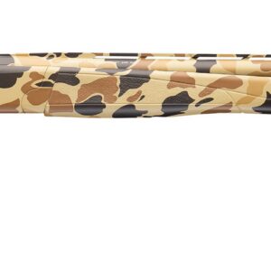 Camouflage-pattern shotgun shown in profile, pointing to the right, with a synthetic stock and long barrel.