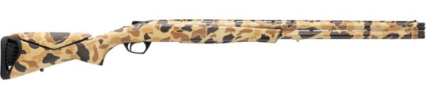 Camouflage-pattern shotgun shown in profile, pointing to the right, with a synthetic stock and long barrel.