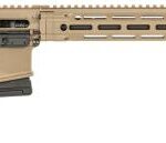 Tan and black semi-automatic rifle with a collapsible stock, pistol grip, and vertical foregrip on a long rail-equipped handguard.