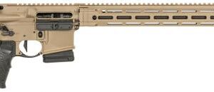 Tan and black semi-automatic rifle with a collapsible stock, pistol grip, and vertical foregrip on a long rail-equipped handguard.