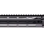 Black AR-style upper receiver with a long, ventilated M-LOK handguard and muzzle device, shown left-to-right.