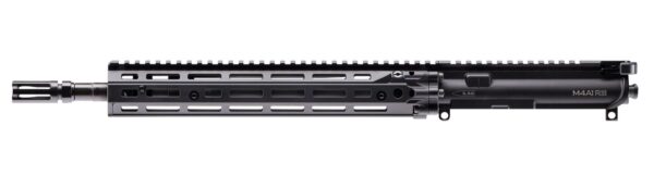 Black AR-style upper receiver with a long, ventilated M-LOK handguard and muzzle device, shown left-to-right.