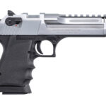 Side view of a silver semi-automatic handgun with a black textured grip and visible rails on the slide