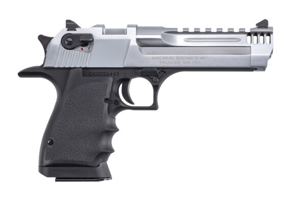 Side view of a silver semi-automatic handgun with a black textured grip and visible rails on the slide