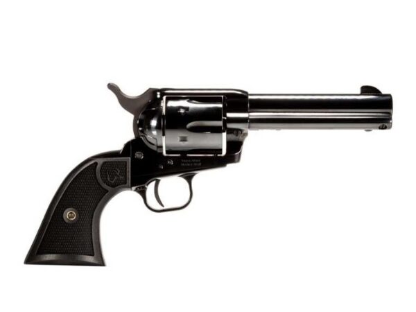 Side view of a polished chrome revolver with a black grip, facing right.