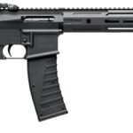 Black semi-automatic rifle with a long vented handguard, detachable magazine, and folding stock against a white background.