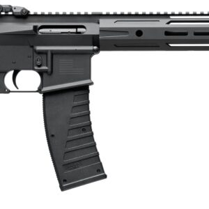Black semi-automatic rifle with a long vented handguard, detachable magazine, and folding stock against a white background.