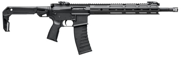 Black semi-automatic rifle with a long vented handguard, detachable magazine, and folding stock against a white background.