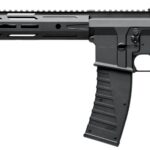 Side view of a black KRISS DMK 22 rifle with a long rail, muzzle device, and curved magazine.
