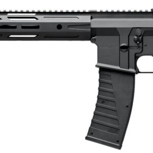 Side view of a black KRISS DMK 22 rifle with a long rail, muzzle device, and curved magazine.