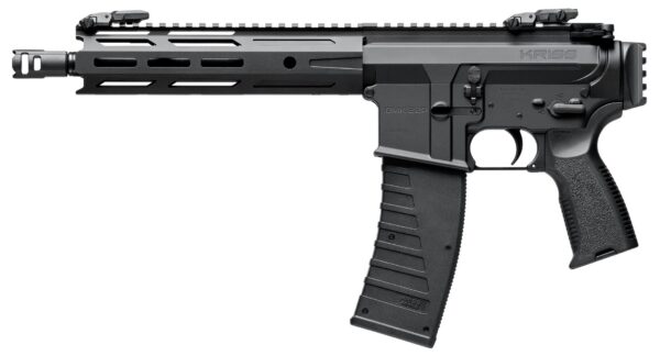Side view of a black KRISS DMK 22 rifle with a long rail, muzzle device, and curved magazine.