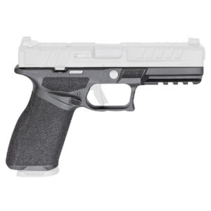Side view of a semi-automatic pistol with a black textured grip and white upper slide.