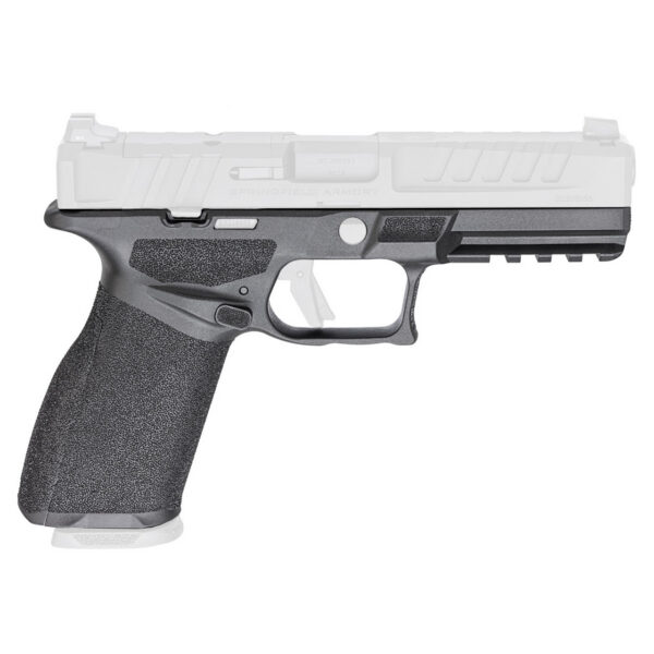 Side view of a semi-automatic pistol with a black textured grip and white upper slide.