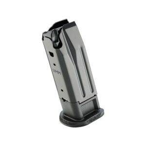 9mm handgun magazine standing upright on a white background, showing the base plate and feed lips