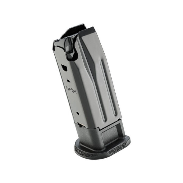 9mm handgun magazine standing upright on a white background, showing the base plate and feed lips