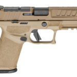Side view of a tan Springfield Armory 9mm pistol with textured grip and accessory rails, shown from the left.