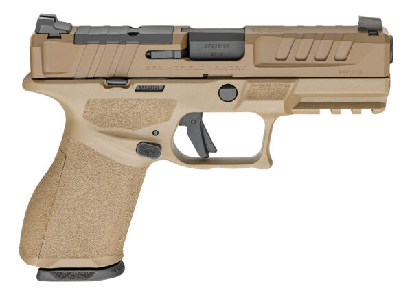 Side view of a tan Springfield Armory 9mm pistol with textured grip and accessory rails, shown from the left.