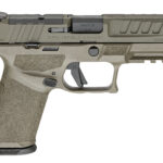 Side view of a tan Springfield Armory semi-automatic pistol with a textured grip and accessory rails on the frame.