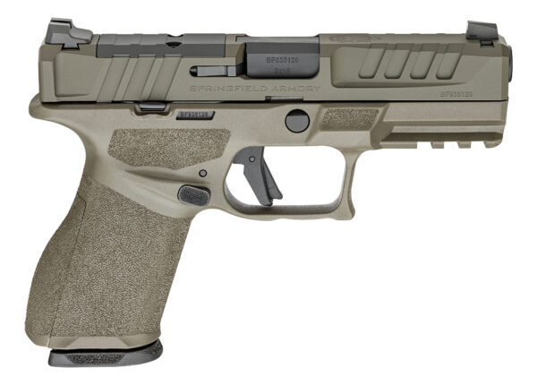 Side view of a tan Springfield Armory semi-automatic pistol with a textured grip and accessory rails on the frame.
