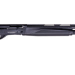 Black precision-style rifle with synthetic stock, long barrel, and textured forend; bolt-action design visible near receiver.