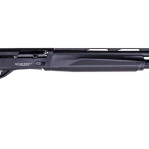 Black precision-style rifle with synthetic stock, long barrel, and textured forend; bolt-action design visible near receiver.