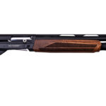 Bolt-action rifle with a wooden stock and long black barrel, Weatherby branding on the receiver, and vented fore-end grip